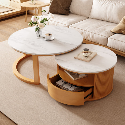Round Nesting Coffee Table with White Marble Veneer Top, 2-Tier storage and 1 drawer, Natural, 28.5'