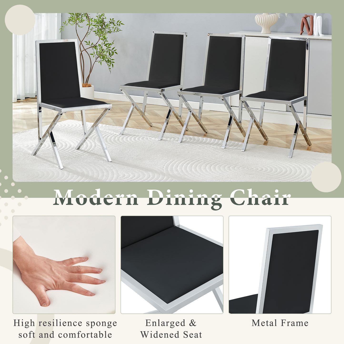 Black Upholstered Fabric Steel Frame Dining Chairs with Silver Legs (set of 2) - detail view 5