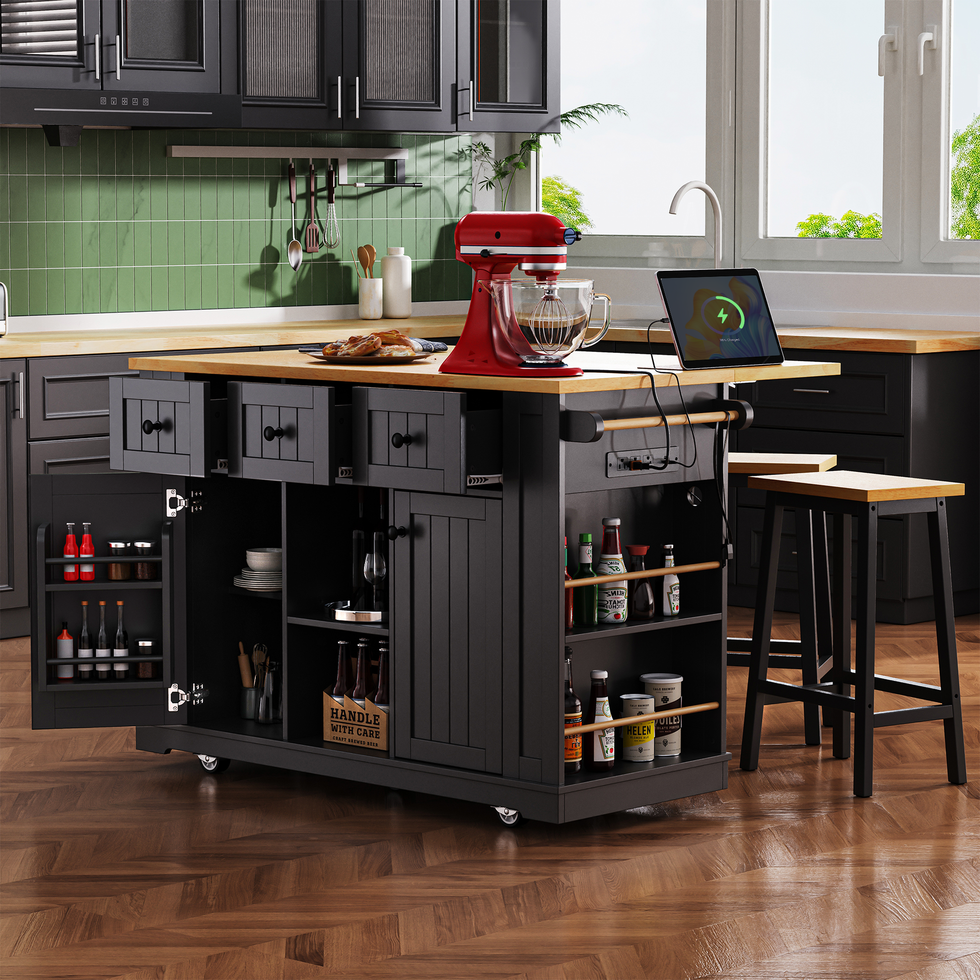 K&k 53" Large Kitchen Island with Drop Leaf - Black - detail view 4