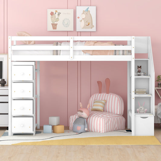 Twin Size Loft Bed with Storage Drawers and Stairs - White - detail view 2