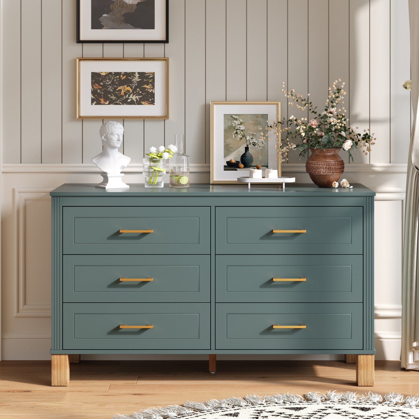 6-Drawer Spacious Accent Cabinet with Mid-Century Design