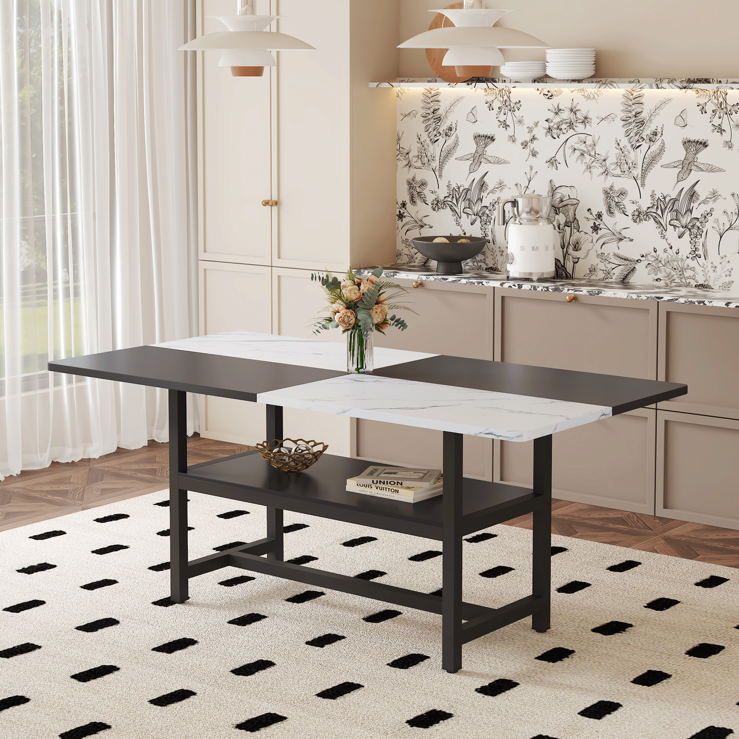 71" Long Two-Color Splicing Fashionable Dining Table - White & Black - primary color shot