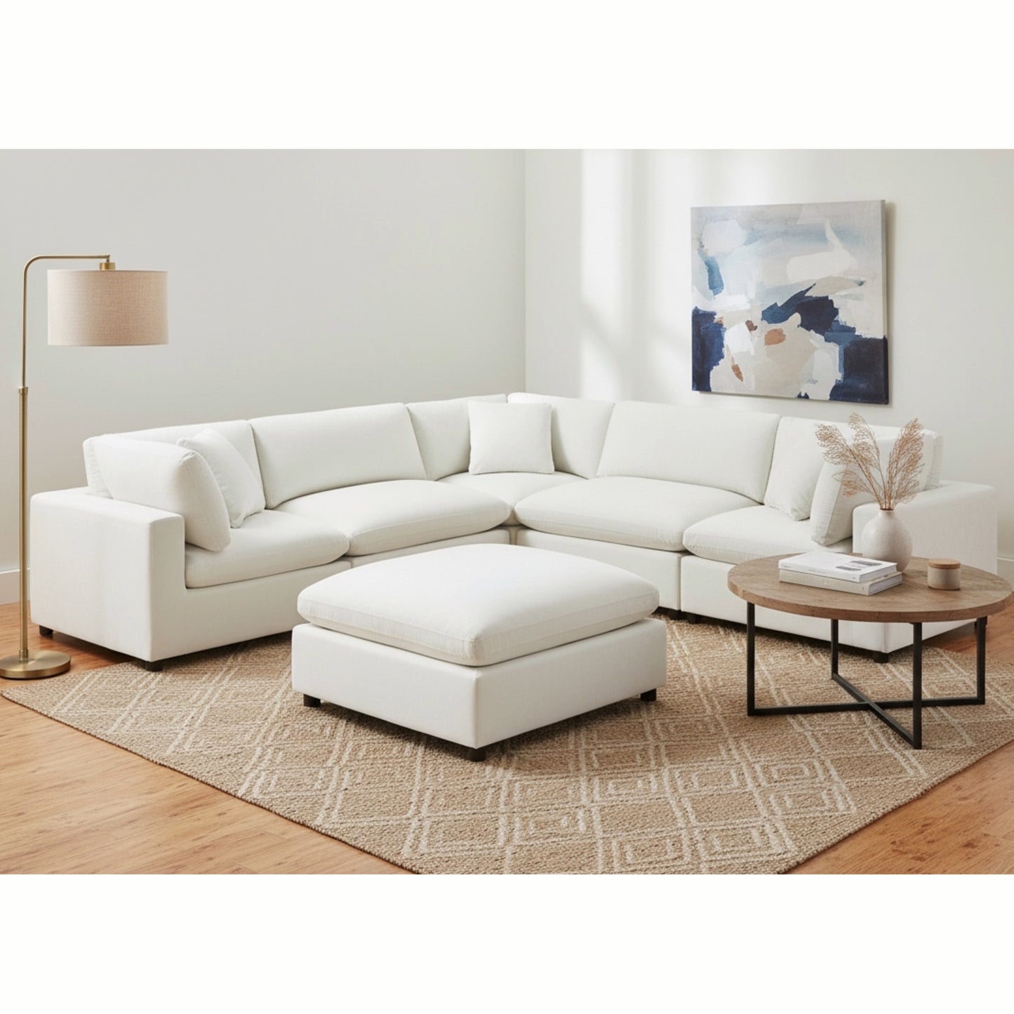 Caylie Modular 6-Piece Sectional in Ivory with Plush Polyester Upholstery and Solid Wood Legs - primary image