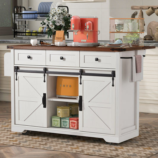 K&k 53.7' Farmhouse Kitchen Island with Power Outlet - White - primary color shot