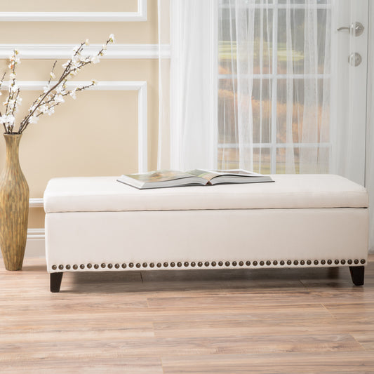 Kassiani Beige Linen Storage Ottoman with Nailhead Trim