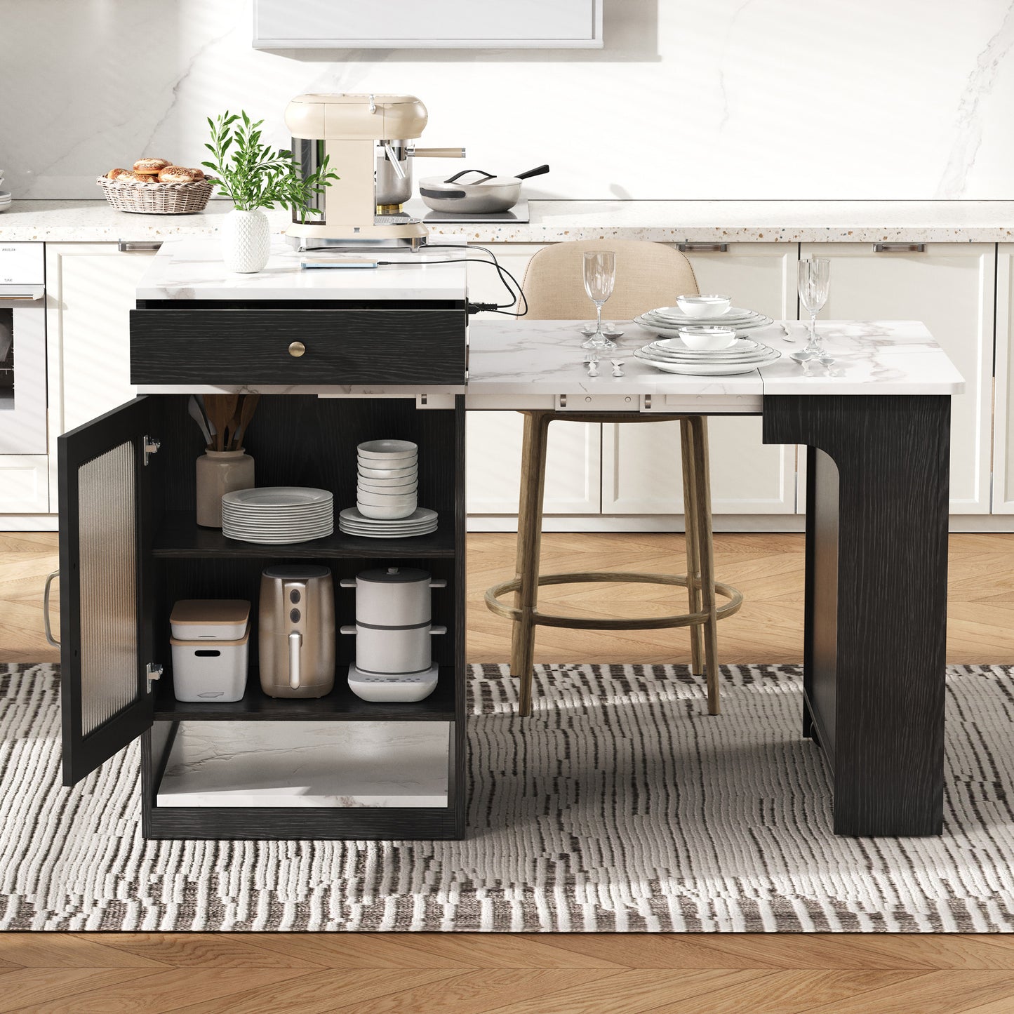 K&k 59.5' Kitchen Island with Extendable Dining Table - Black - detail view 3