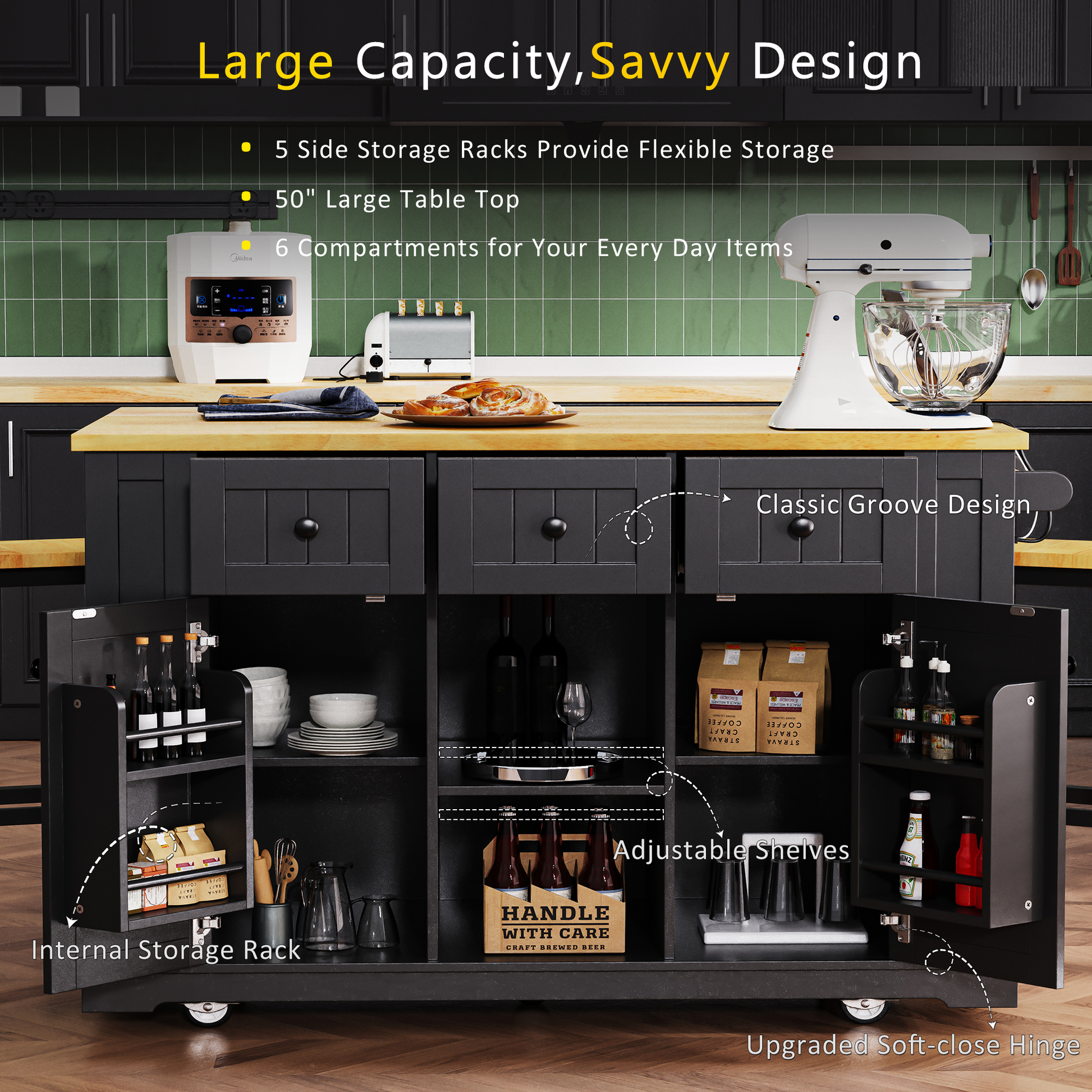 K&k 53" Large Kitchen Island with 2 Bar Stools - Black - detail view 5