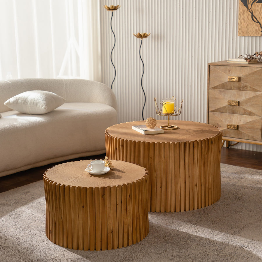 Vintage Style Cylindrical Nesting Coffee Table Set with Textured Embossed Design in Natural Finish - detail view 2