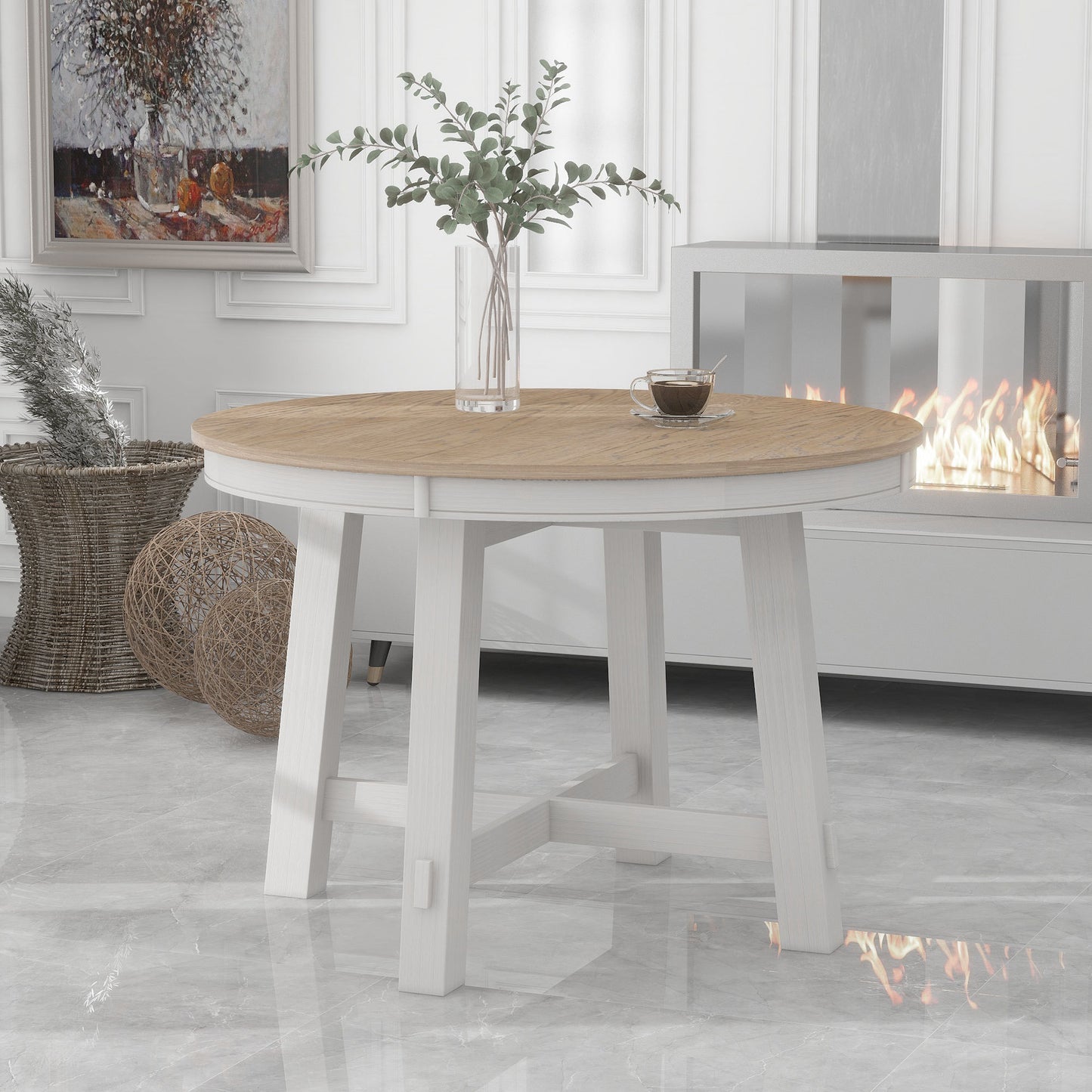 TREXM Farmhouse Round Extendable Dining Table with 16' Leaf Wood Kitchen Table (oak Natural Wood + Antique White) - Oak & Natural - detail view 2
