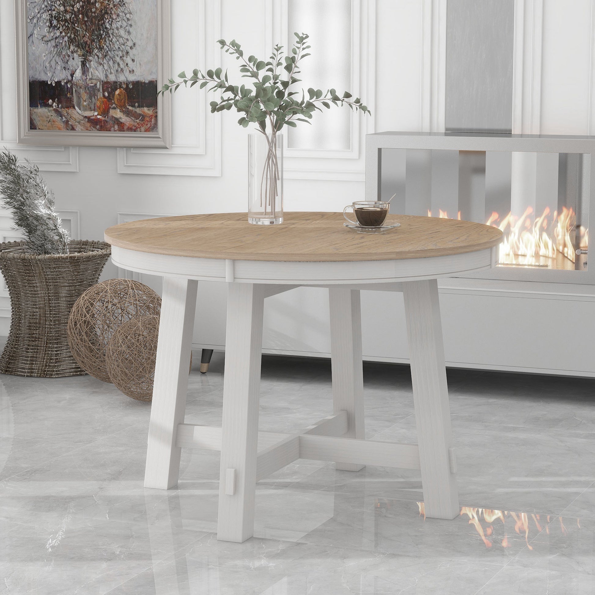 TREXM Farmhouse Round Extendable Dining Table with 16' Leaf Wood Kitchen Table (oak Natural Wood + Antique White) - Oak & Natural - detail view 2
