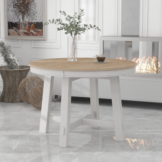 TREXM Farmhouse Round Extendable Dining Table with 16' Leaf Wood Kitchen Table (oak Natural Wood + Antique White) - Oak & Natural - detail view 2