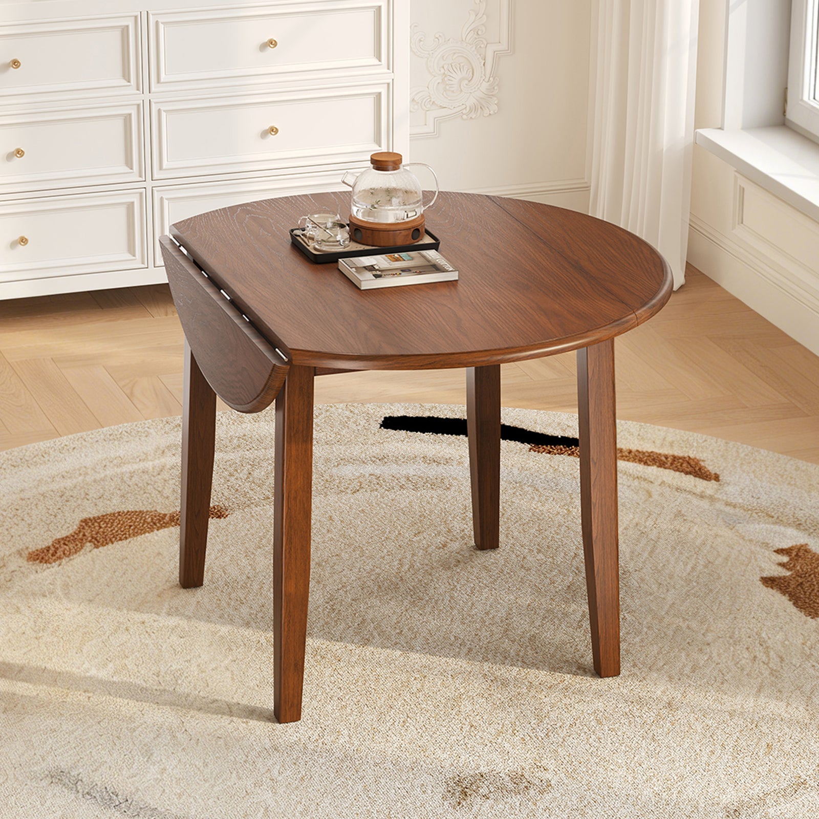 Extendable Round Dining Table for 2–4 People, Folding Wood Dining Table with Adjustable Size, Space-Saving Design for Small Apartments and Dining Areas - primary color shot