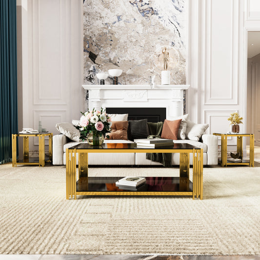 Living Room Table Set of 3 with 1 Coffee Table and 2 End Tables, Rectangle, Tempered Glass, Asymmetrical Metal, Gold Finish & Lower Shelf, 47.5'