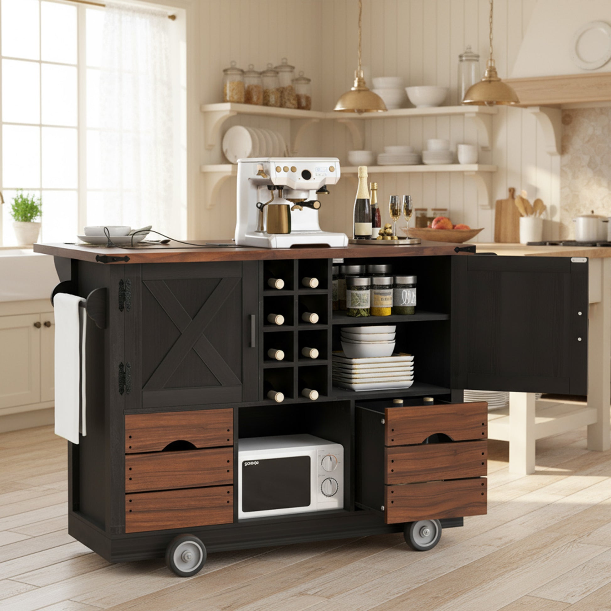 K&k 54' Farmhouse Kitchen Island with Drop Leaf - Black - detail view 2