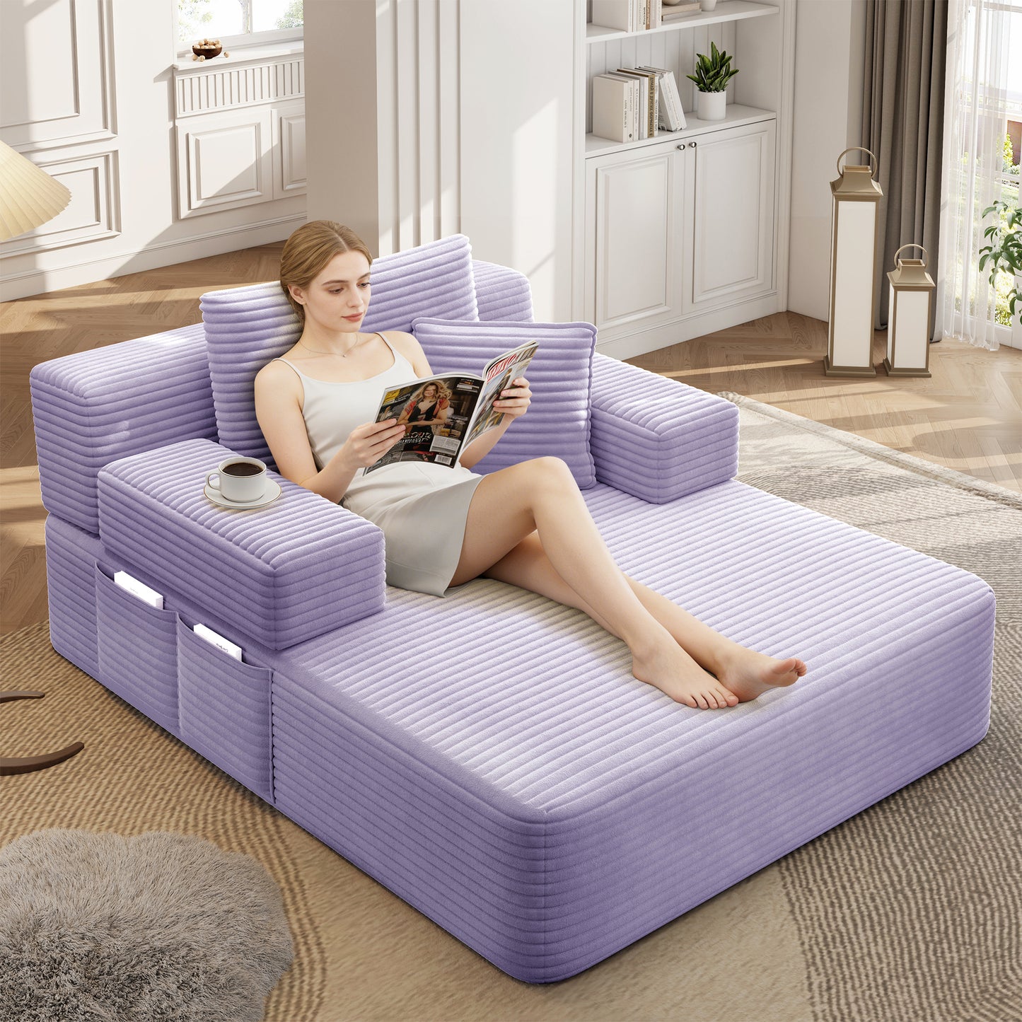 Luxurious Plush Corduroy Chaise Lounge with 3 Pillows - Purple - detail view 3