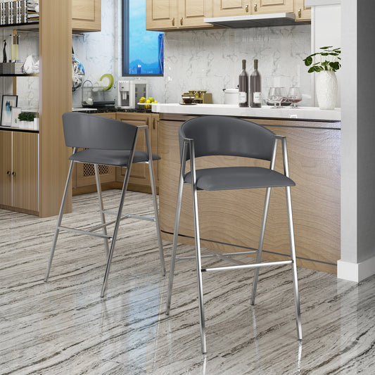 Misha Modern Gray PU Leather & Silver Bar Stools Set of 2