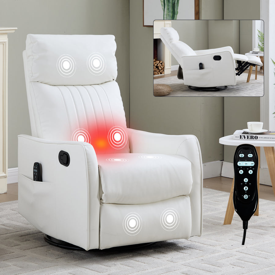 White Heat Massage Manual Recliner Chair with Rocker and Swivel in Faux Leather - primary color shot