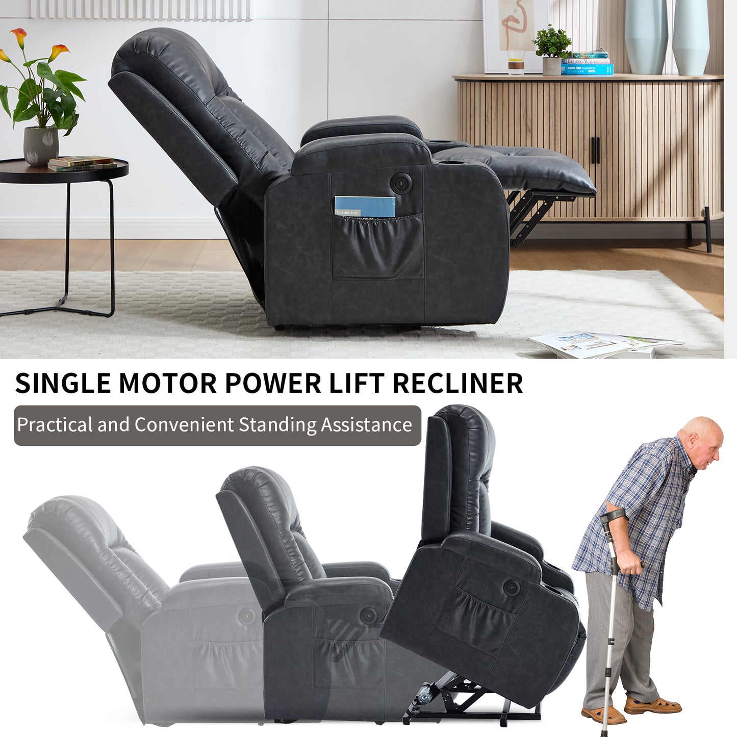 Dark Grey PU Linfinite Position Up to 350 LBS Power Lift Recliner Chair for Elderly - Gray - detail view 4