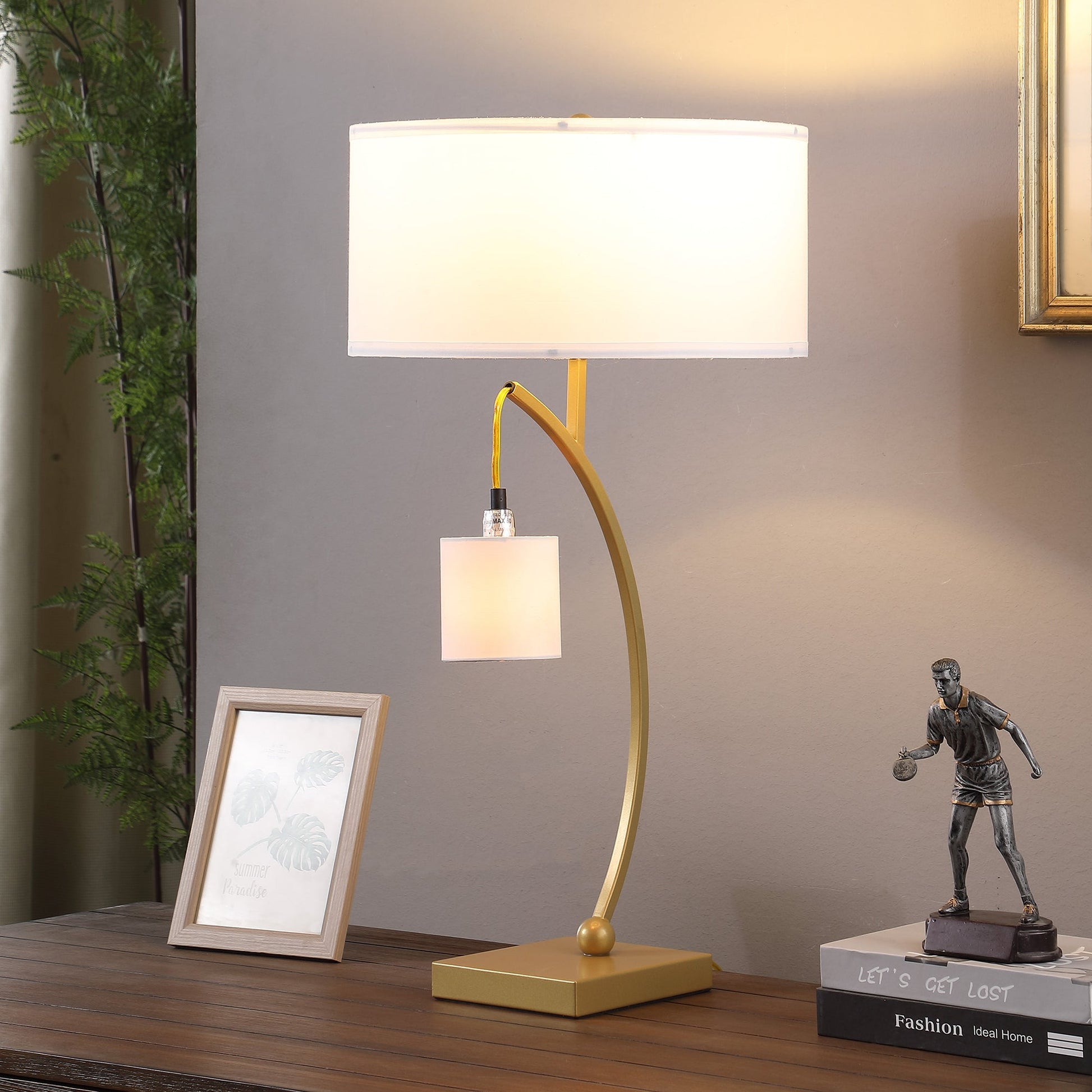 Dual Gold Arc W/ Hanging Pendelum Lamp Metal Table Lamp