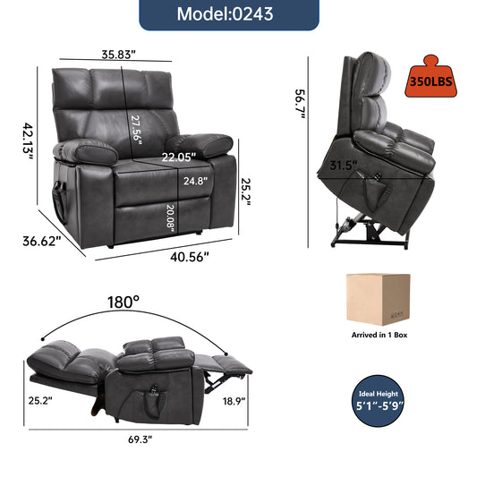 Dark Grey Leatheraire Heat Massage Dual Motor Infinite Position Up to 350 LBS Large Electric Power Lift Recliners with Hidden Cup Holders - detail view 2
