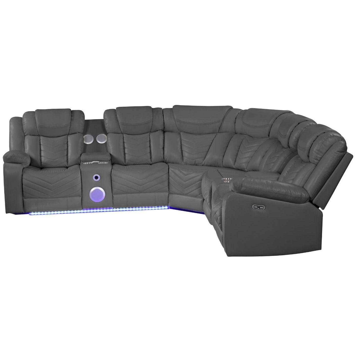 Challenger Modern Style Recliner Sectional Sofa, Built in USB-C Ports & Bluetooth, made with Wood & Faux Leather in Gray - detail view 7