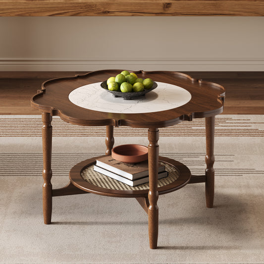 Mid-Century Style Coffee Table with Petal Shape and White Crackle Pattern Glass, 2-Tiered Coffee Table with Rattan, Walnut, 31.5'