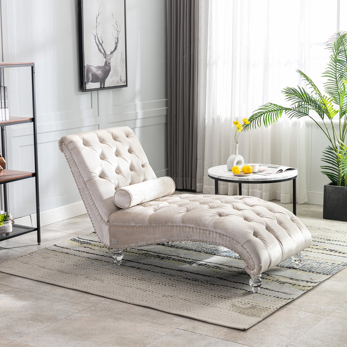 Beige Velvet Tufted Chaise Lounge with Wood Legs - detail view 6