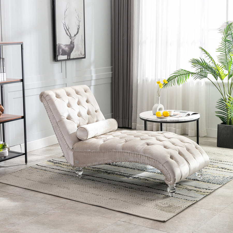 Beige Velvet Tufted Chaise Lounge with Wood Legs - detail view 6