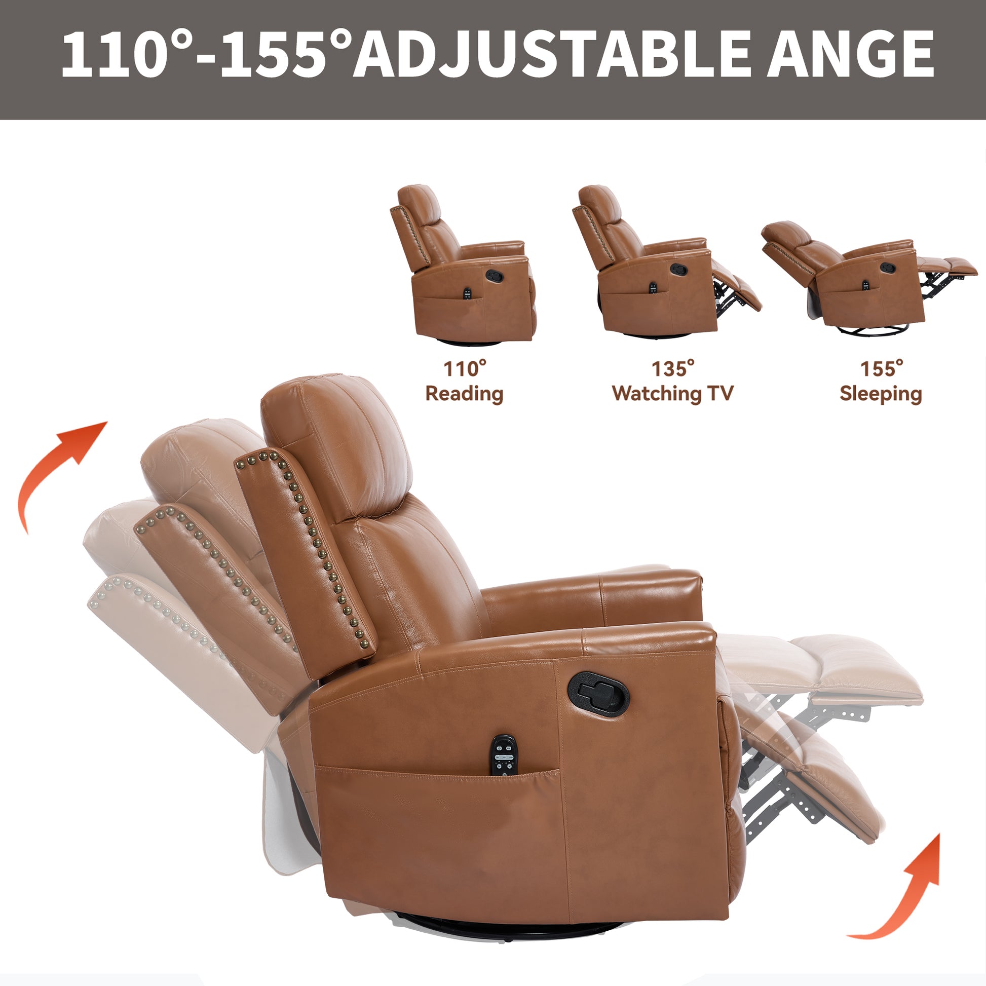 Deep Yellow Genuine Leather Heat Massage Manual Recliner Chair with Rocker and Swivel - detail view 5