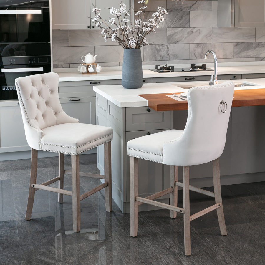 Beige Velvet Tufted Nailhead Trim Bar Stool with Silver Legs (Set of 2)