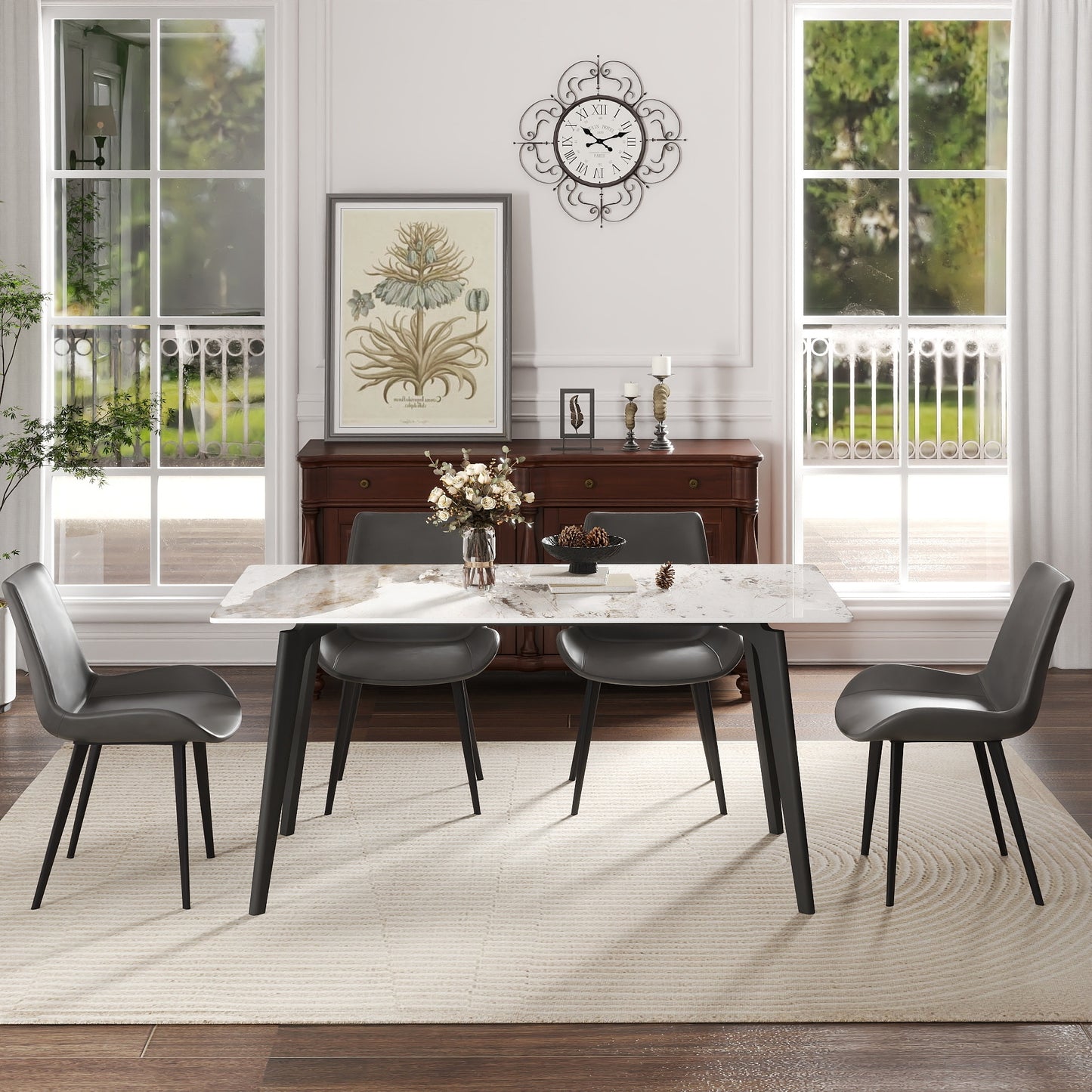 62" Modern Artificial Stone White Pandora Straight Edge Black Metal Leg Dining Table-Can Accommodate 6 People(dining Table Only) - detail view 2