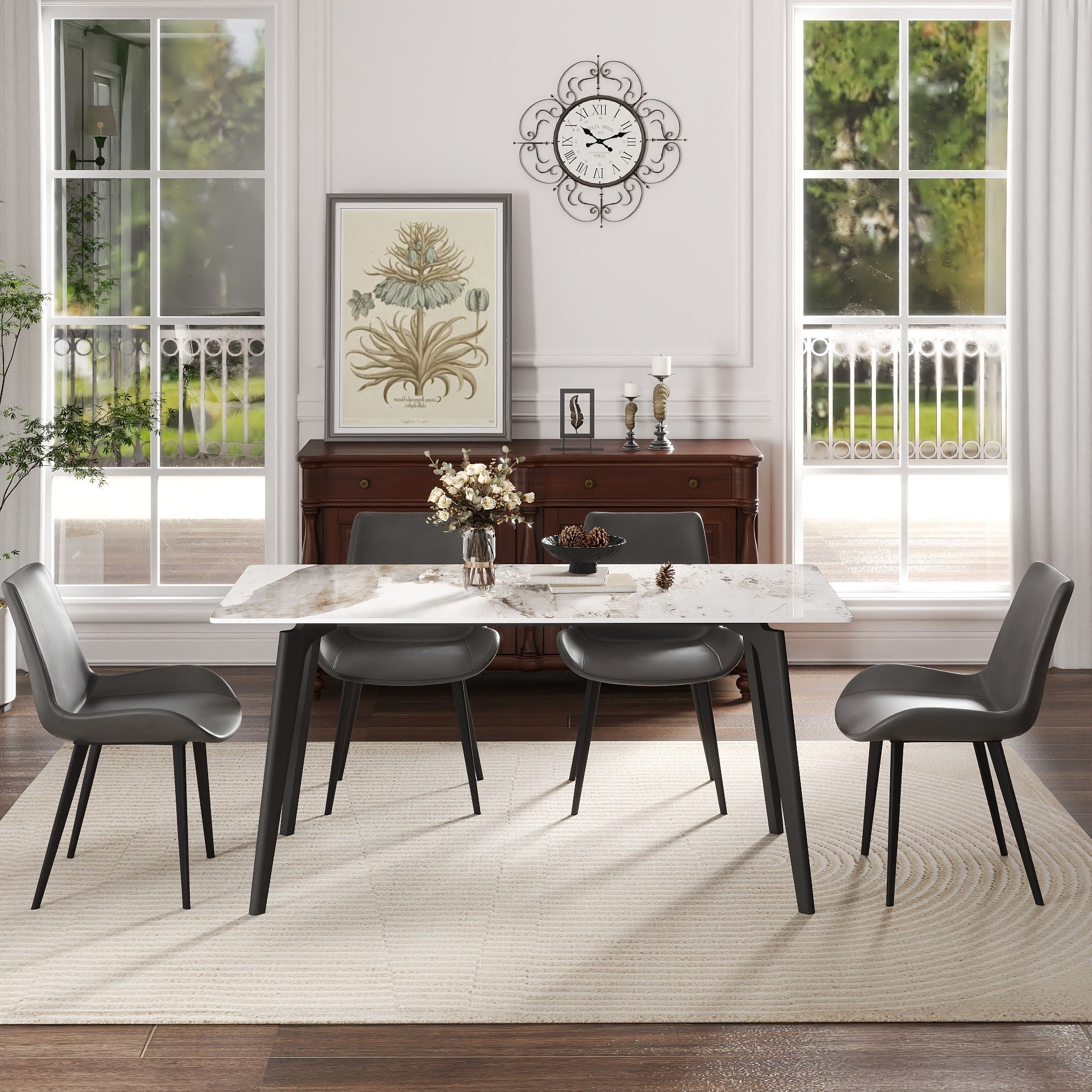 62" Modern Artificial Stone White Pandora Straight Edge Black Metal Leg Dining Table-Can Accommodate 6 People(dining Table Only) - detail view 2