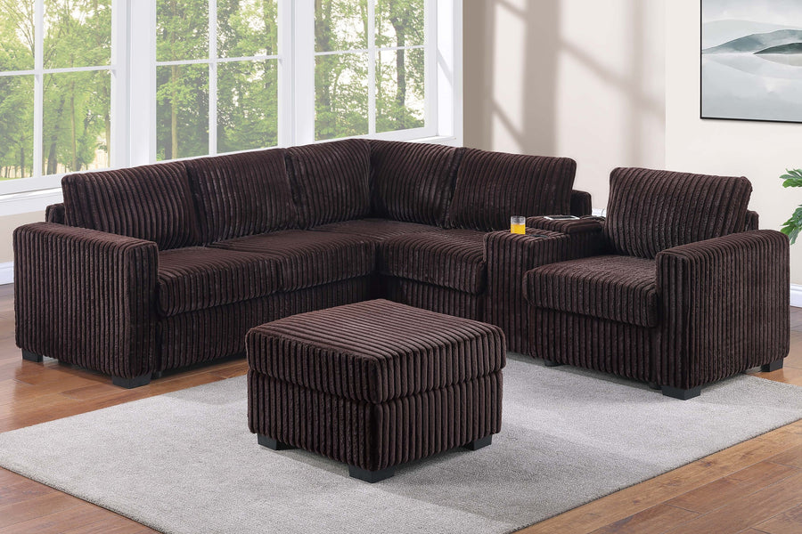 Contemporary Style 4pc L-Shaped Sectional Set USB Cup Holder Cushion Back Loveseat Plastic Legs Cocktail Ottoman Square Arms Coffee Finish Primary Living - primary color shot