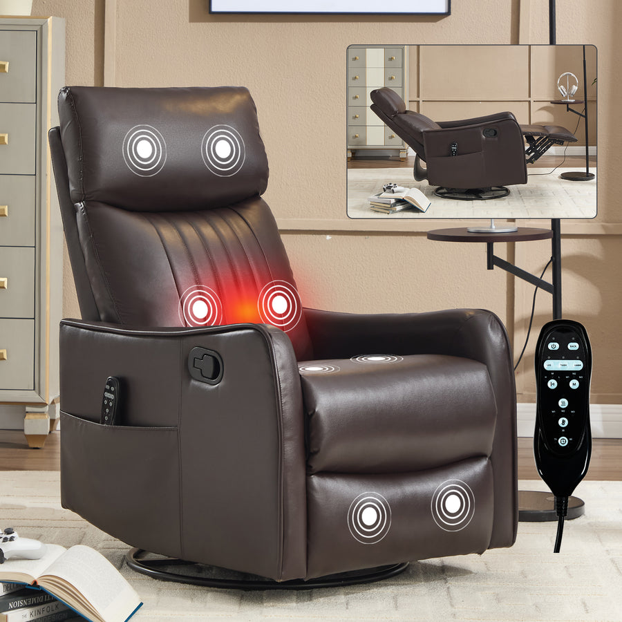 Brown Faux Leather Heat Massage Manual Recliner Chair with Rocker and Swivel - primary color shot