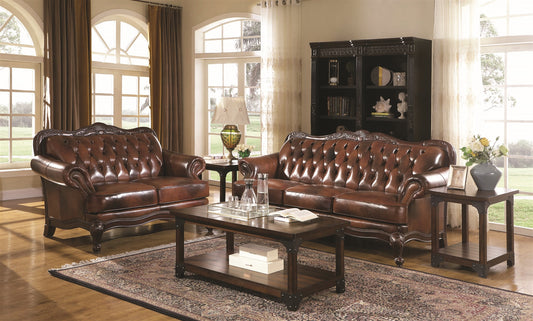 Marlo Traditional Tri-Tone Button Tufted Leather Sofa & Loveseat Set