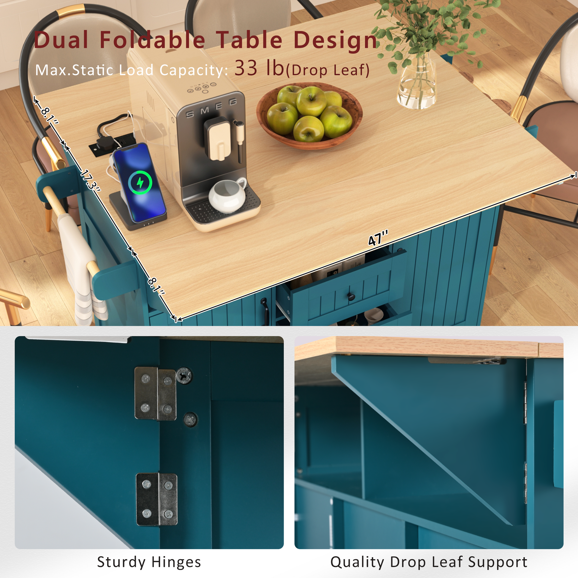 K&k 55.7'' Large Kitchen Island with 2 Drop Leaf - Green - detail view 6