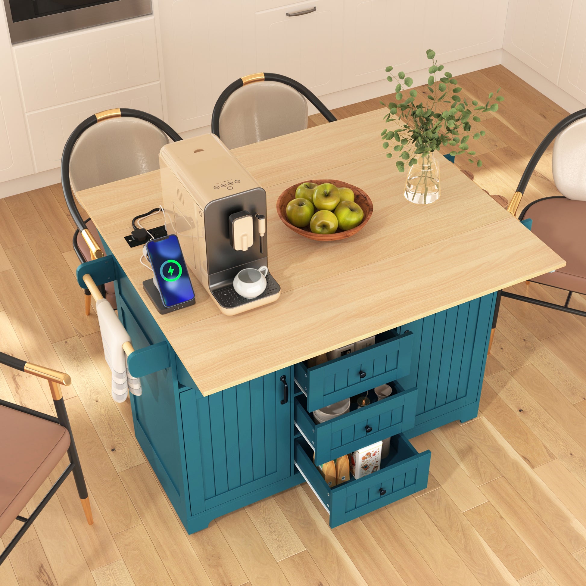 K&k 55.7'' Large Kitchen Island with 2 Drop Leaf - Green - detail view 2
