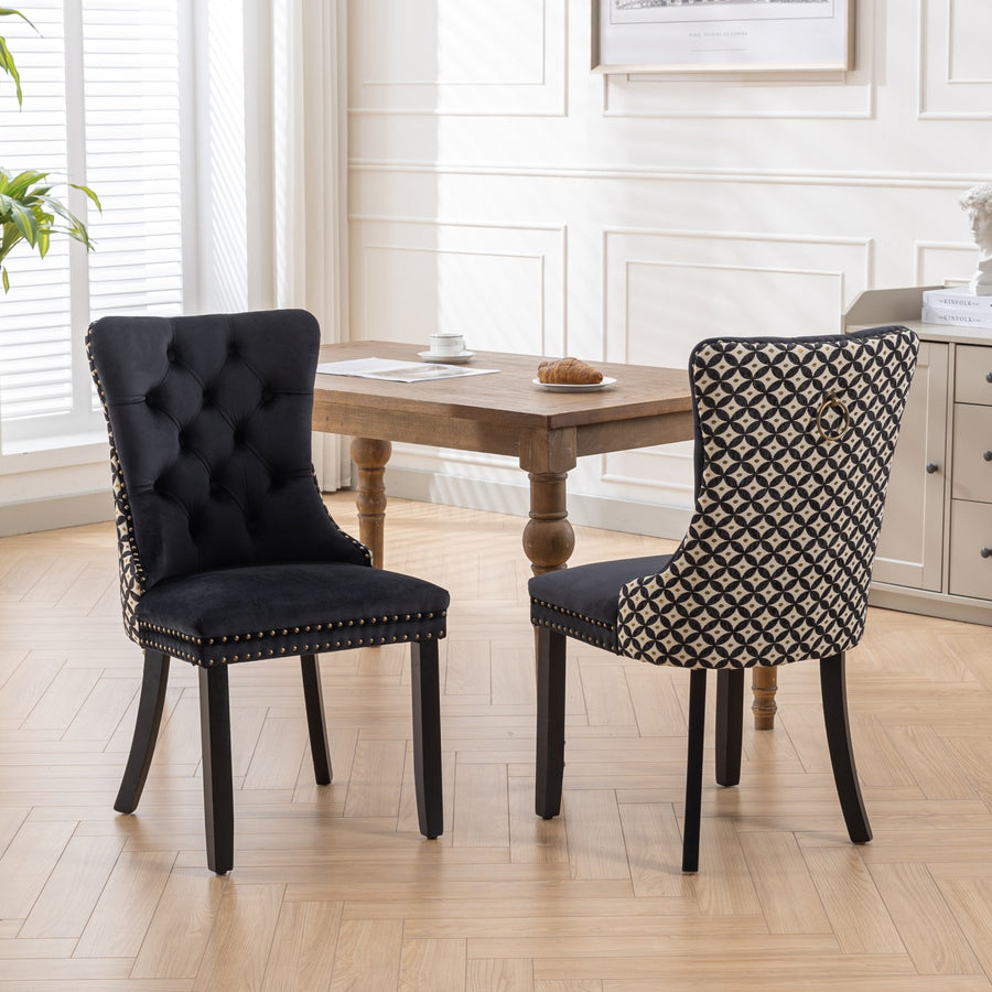 Black Velvet Tufted Nailhead Trim Dining Chairs with Black Legs (Set of 2)