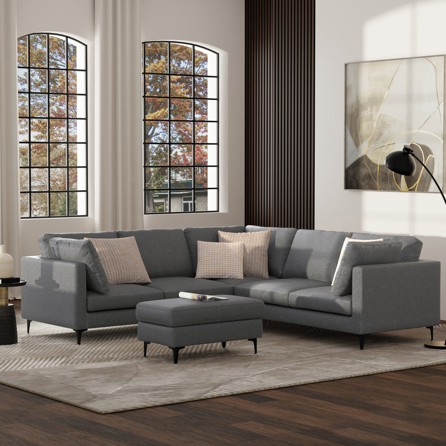 Ava Mid Century Corner Sectional Sofa in Pebble Grey Performance Fabric with Metal Legs, Wood Frame, 102-Inch Wide for 5-Person Seating - detail view 2