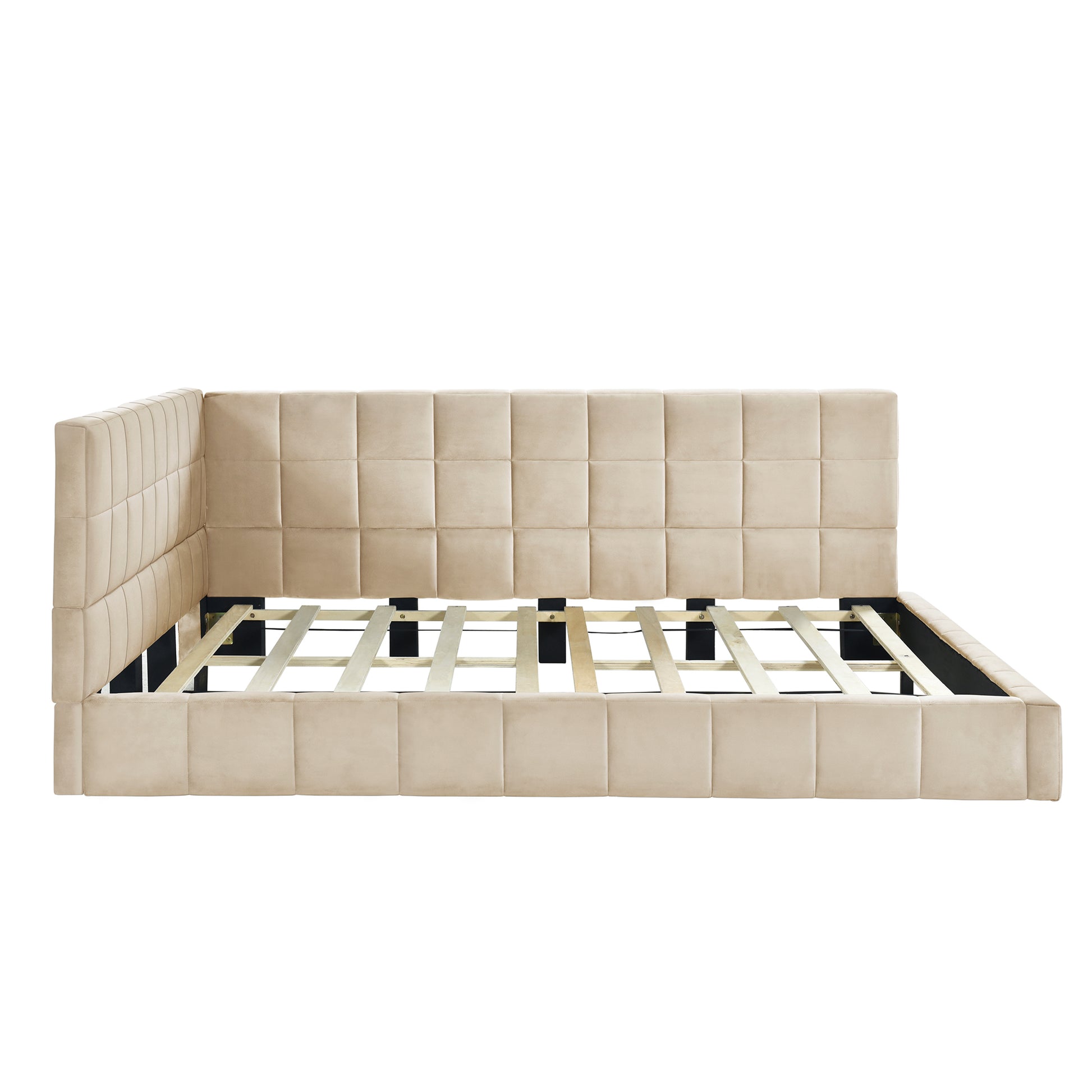 Asher Full Size Velvet Corner Daybed Bed Frame, Beige