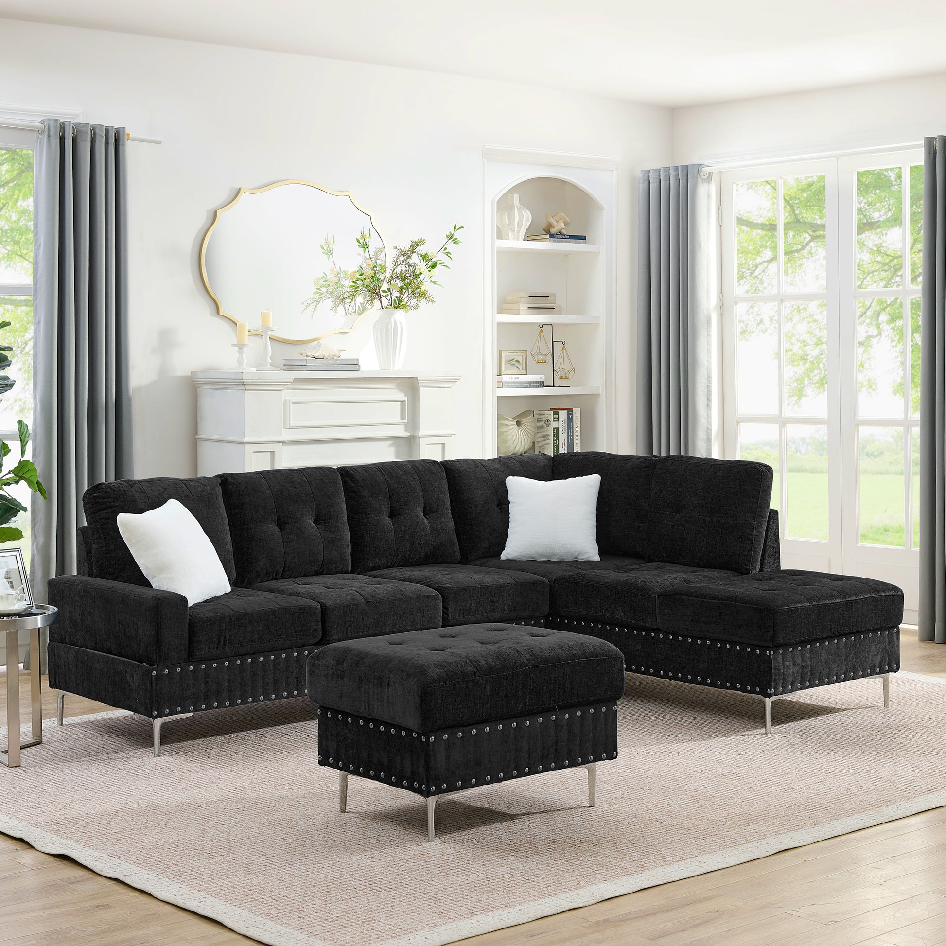 Modern L-Shaped Sectional Sofa with Chaise and Storage Ottoman in Black Chenille, Metal Legs and Copper Nails, Includes Two White Pillows, 102' - detail view 5
