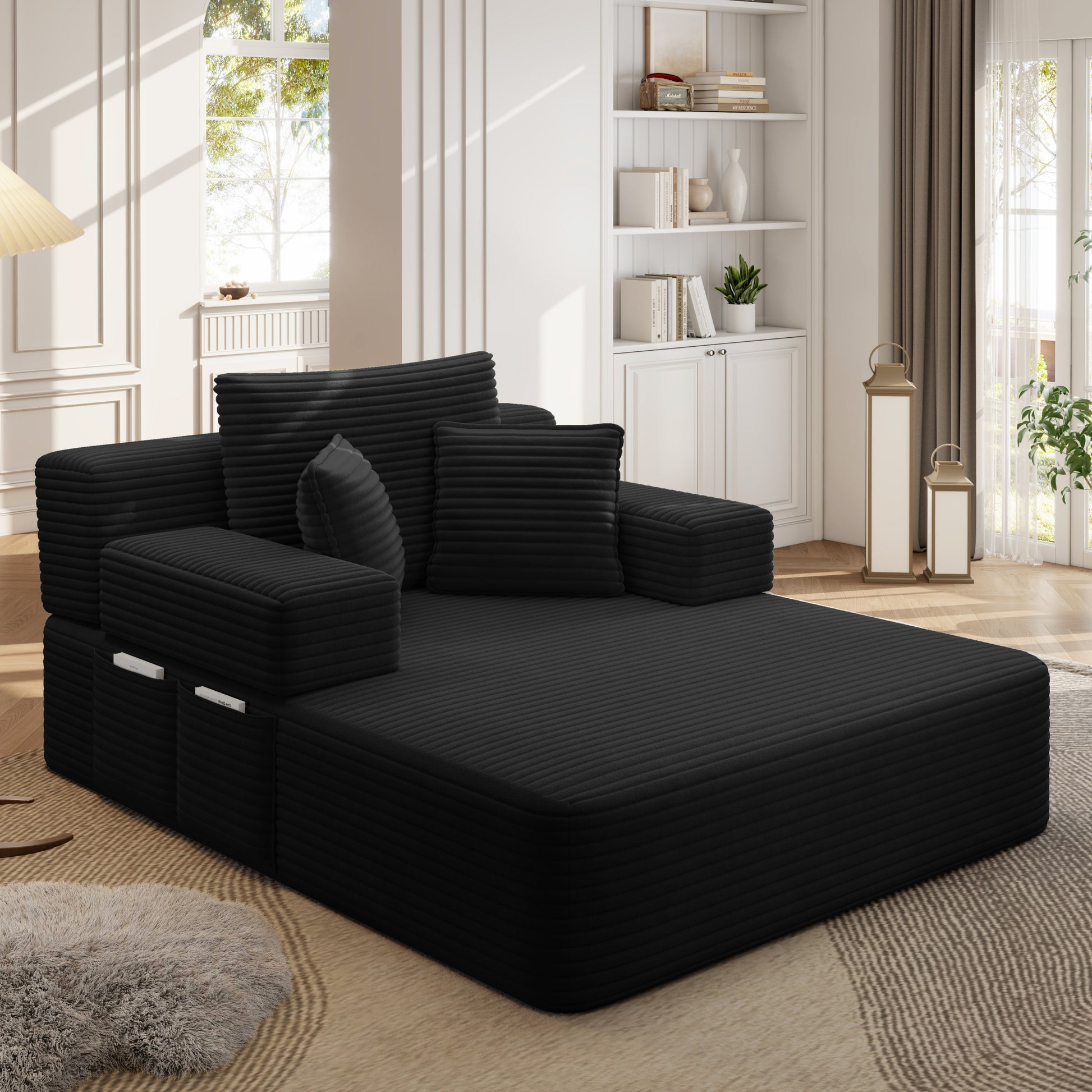 Luxurious Plush Corduroy Chaise Lounge with 3 Pillows - Black - detail view 4