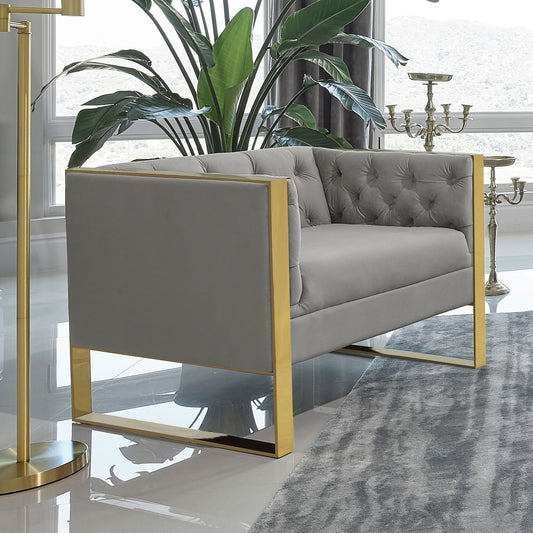 Gray sofa with gold frame in a modern interior setting