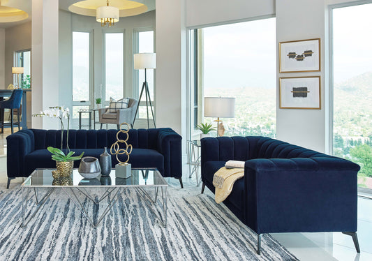 Chalet Transitional Navy Blue Velvet 3-Piece Living Room Set