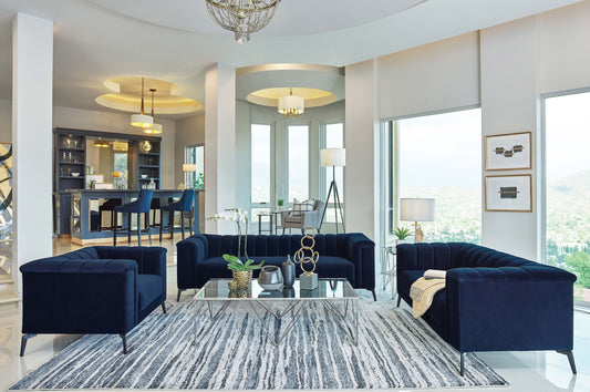 Chalet Transitional Navy Blue Velvet 3-Piece Living Room Set