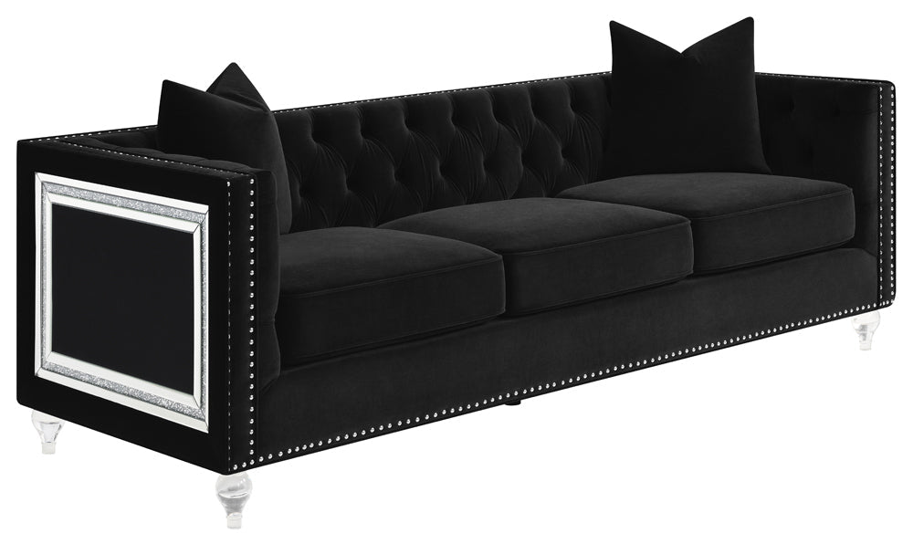 Delilah Black Velvet & Crushed Crystal Glam Sofa Living Room Set