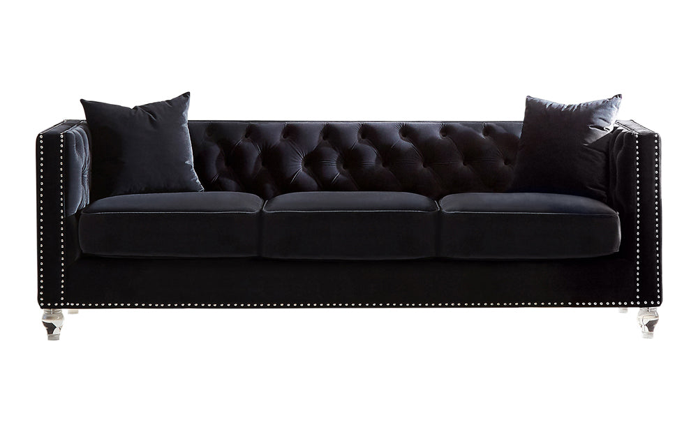 Delilah Black Velvet & Crushed Crystal Glam Sofa Living Room Set