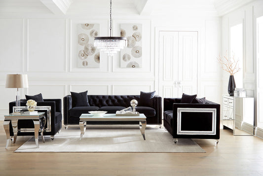 Delilah Black Velvet & Crushed Crystal Glam Sofa Living Room Set