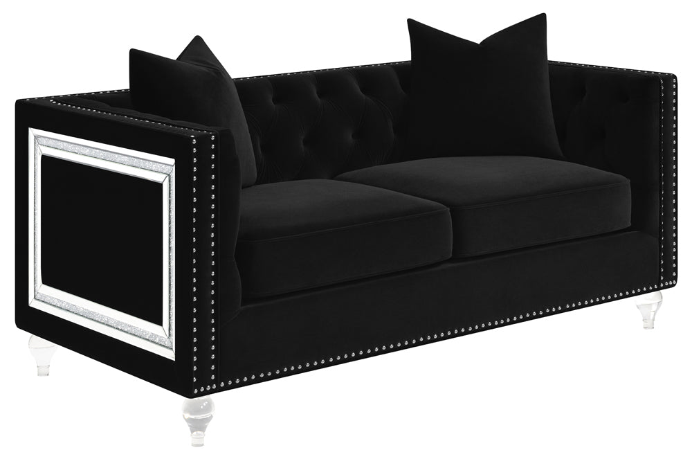Delilah Black Velvet & Crushed Crystal Glam Sofa Living Room Set