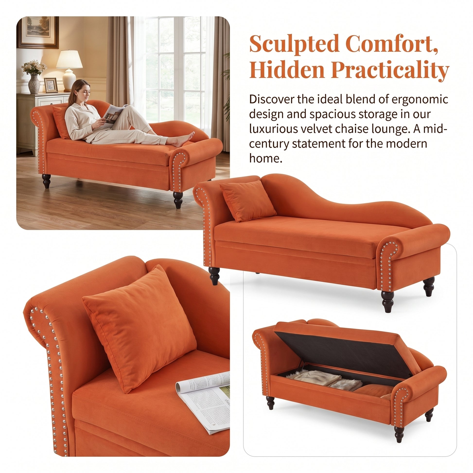 64" Modern Velvet Chaise Lounge - Orange - detail view 6